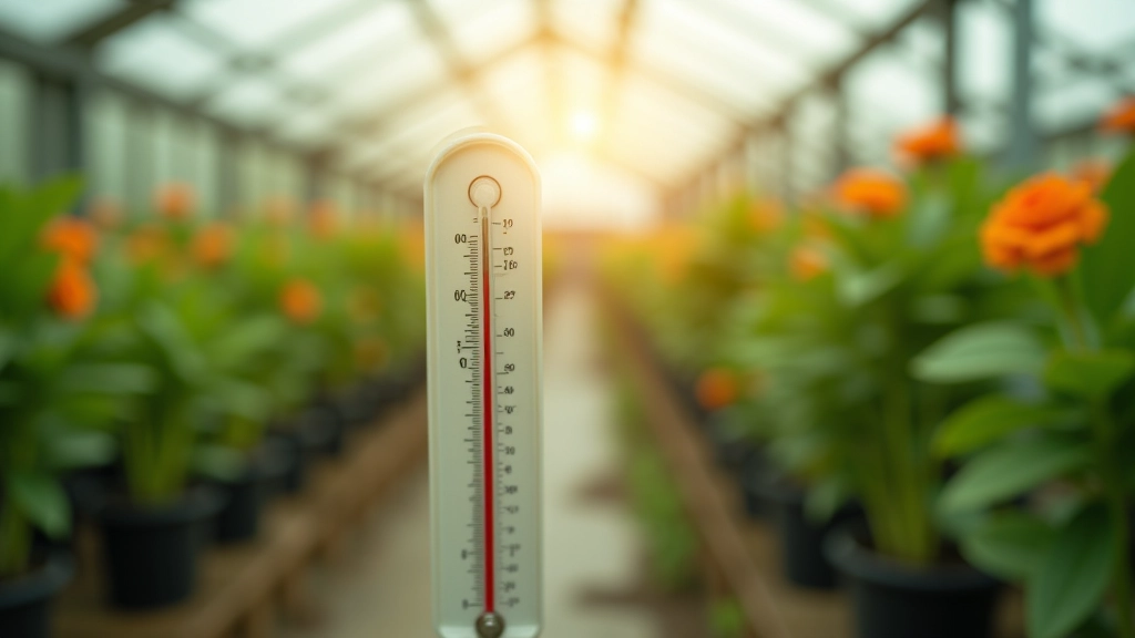 Termometras oranžerijoje žiemą, šiltas mikroklimat žaliose nišose, atmosferinė šiluma