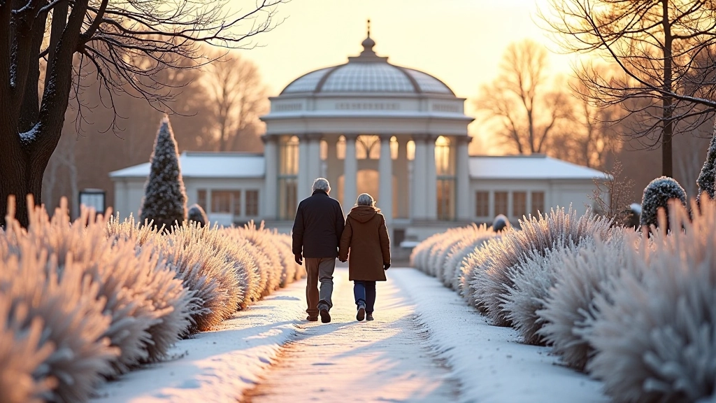 Žieminis parkas su sniego padengtu taku, šalia augalų, saulelydžio metu